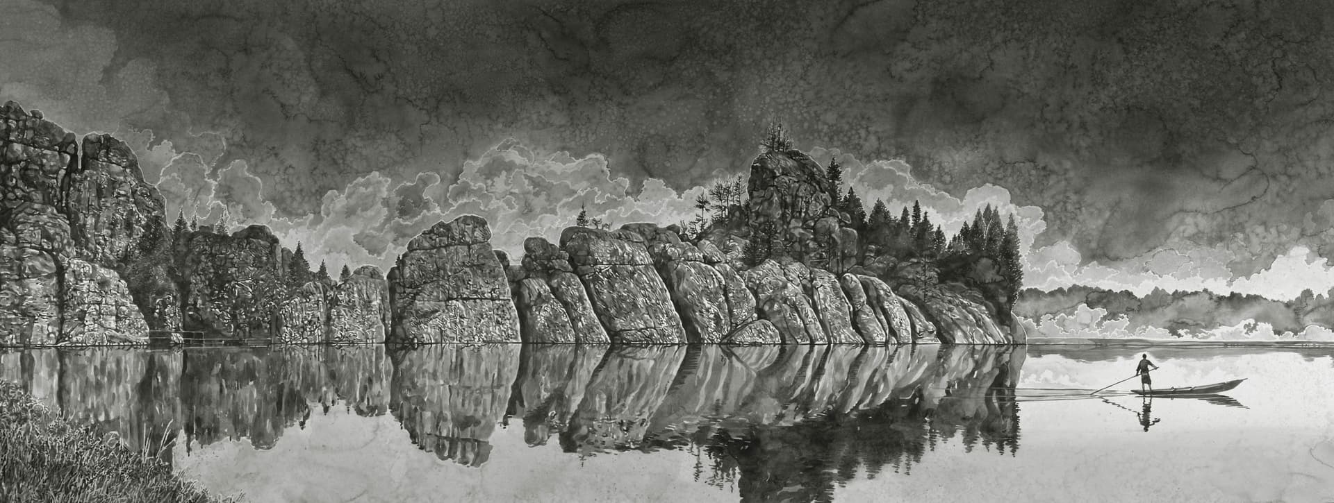 Black and white watercolour painting depicting a seascape, cliffs and a man paddling