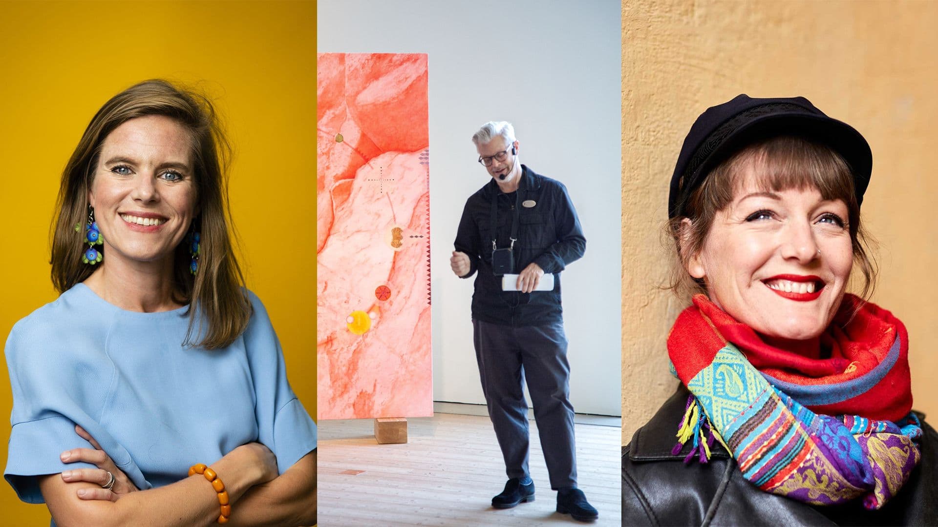 Collage med porträtt av två konstnärer och foto av en guide