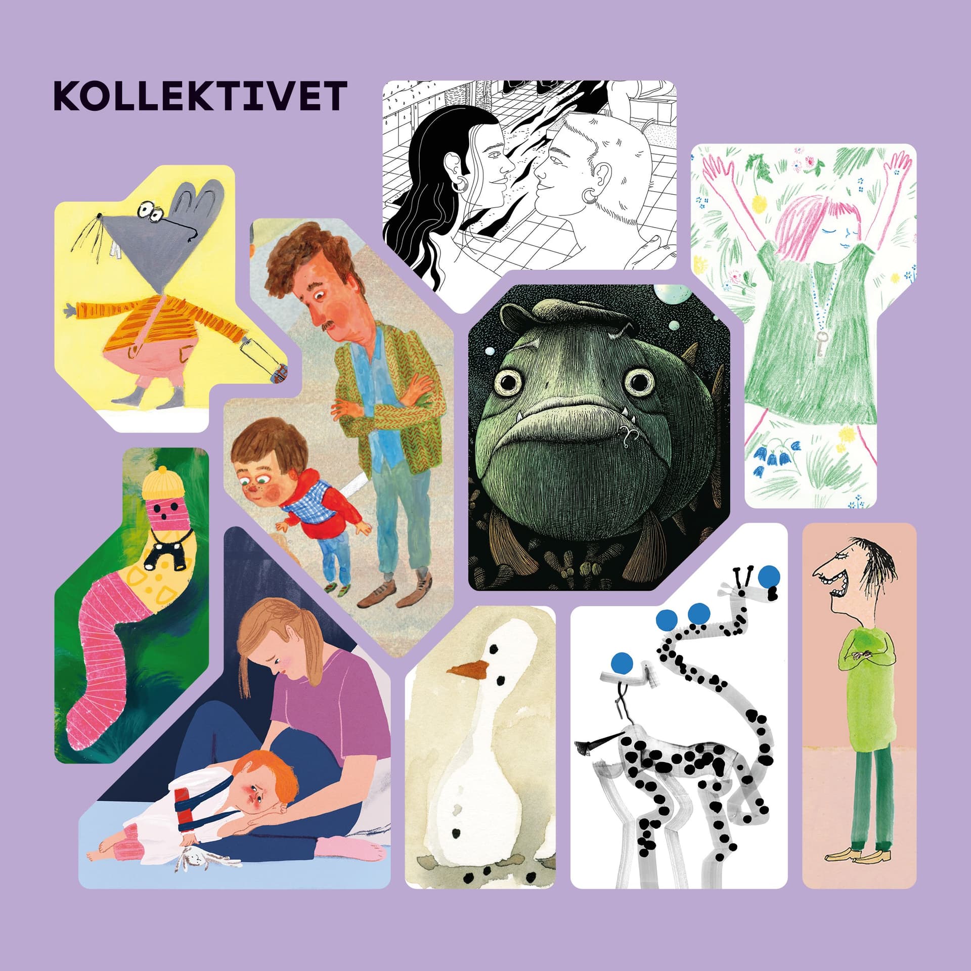 Collage av bilderboksillustrationer mot violett grafik