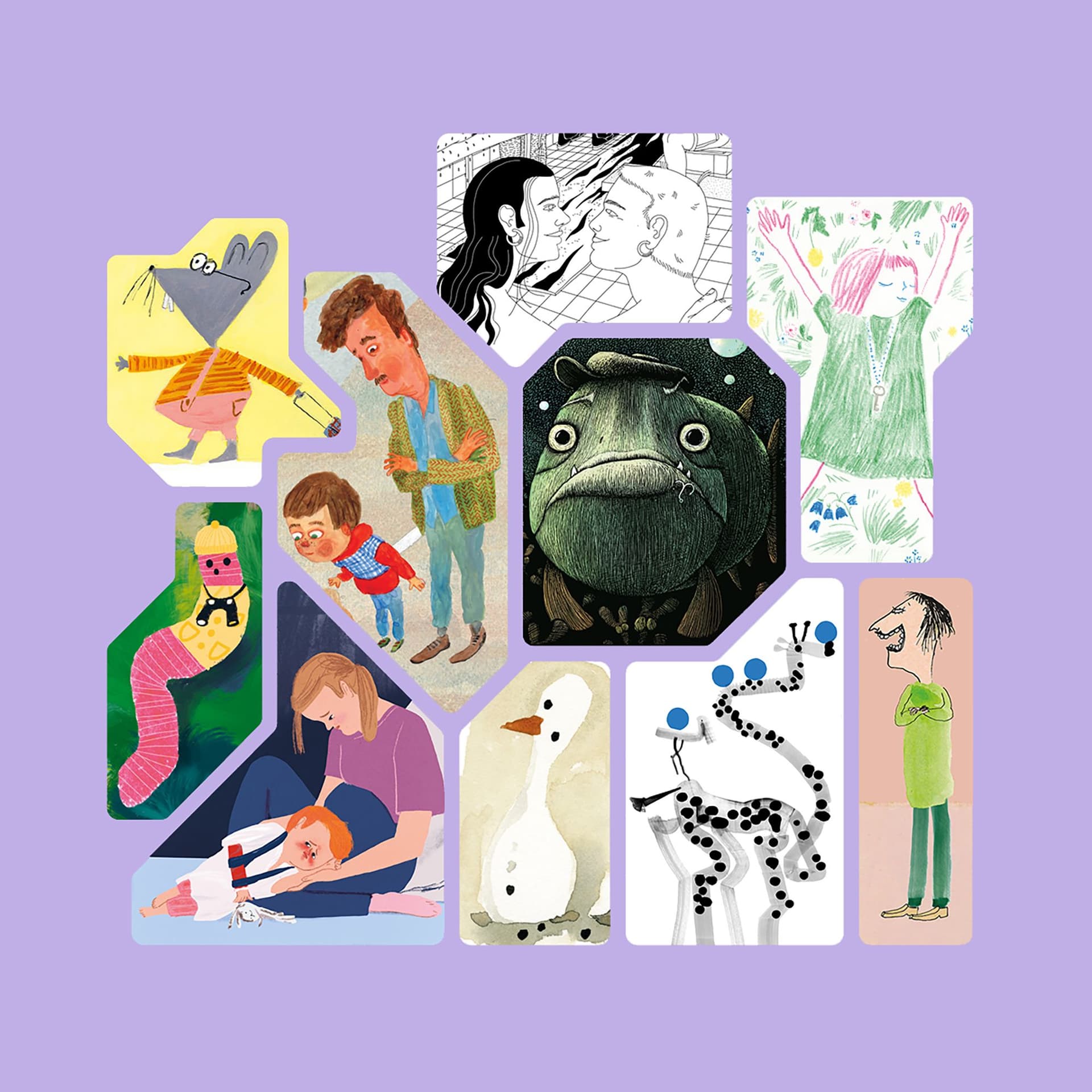 Collage av bilderboksillustrationer med violett ram