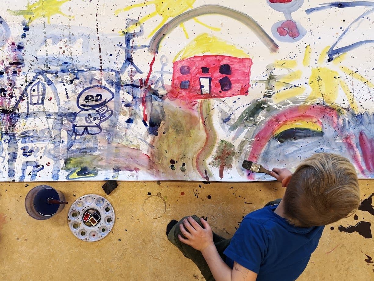 Barn målar på stort papper