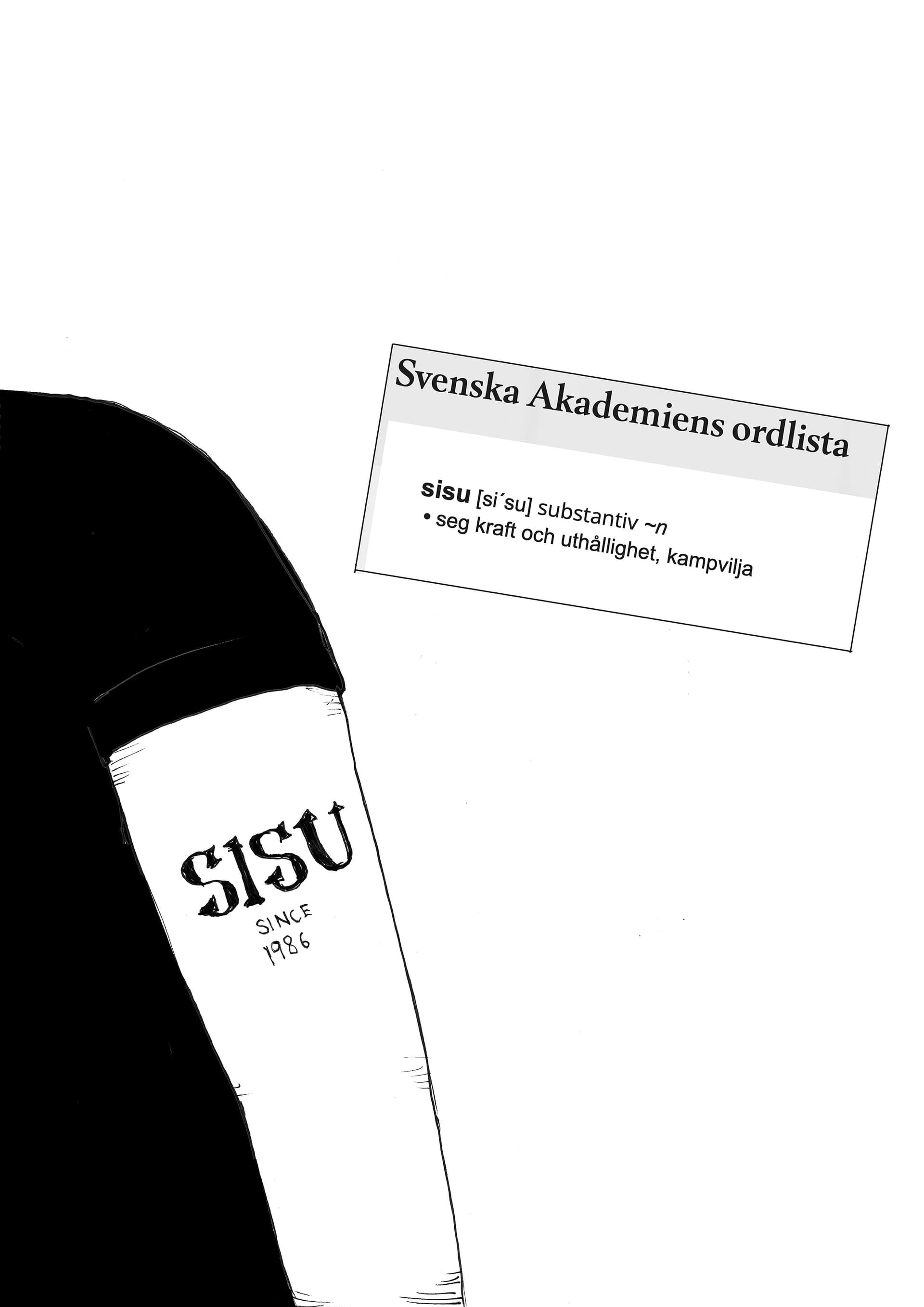 Illustration föreställande en arm med texten "Sisu", samt samt definition av ordet