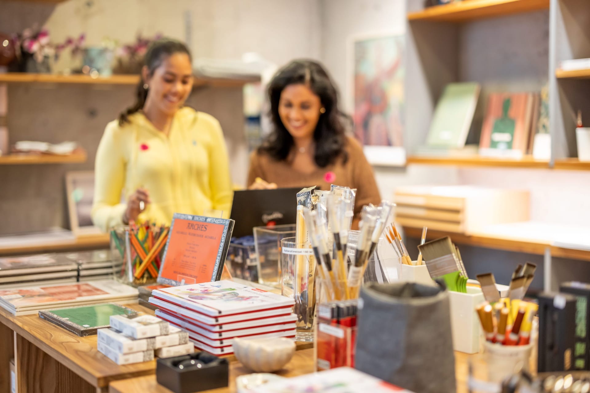 Laughing visitors in store