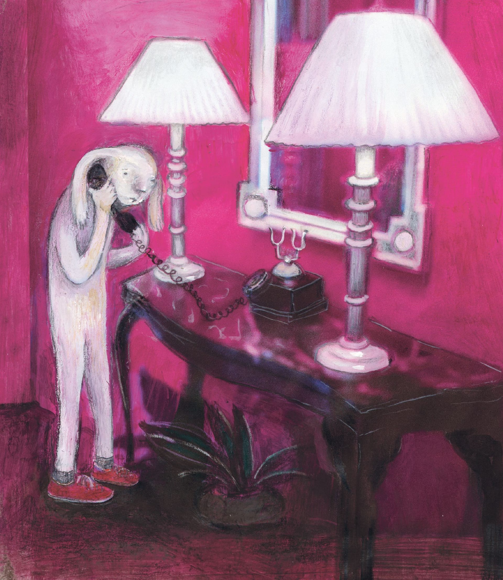 From the book "You only talk about this with rabbits". A sad rabbit crouches with a telephone receiver in hand, in a room completely tinted in magenta.