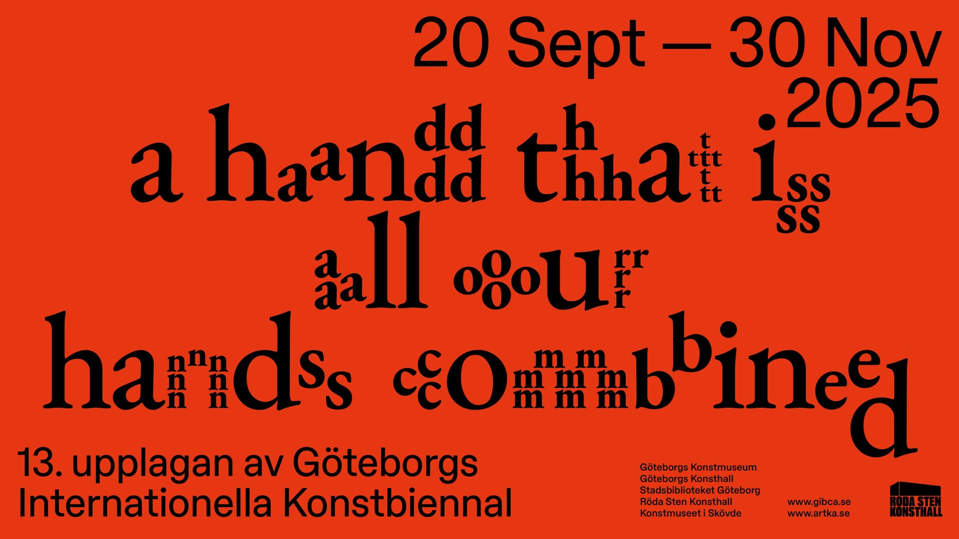 Röd bakgrund med text från GIBCA: "a hand that is all our hands combined"