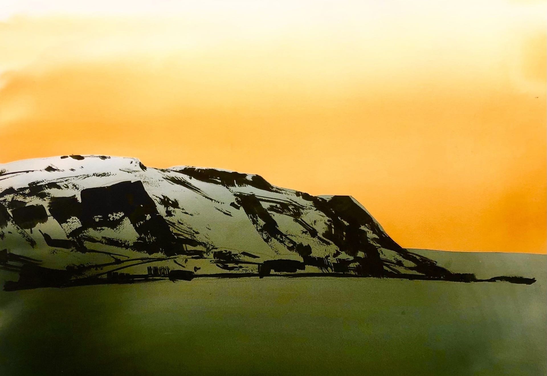 Watercolour painting with collage by Lars A Persson, depicting snow-covered rocks against a yellow sky