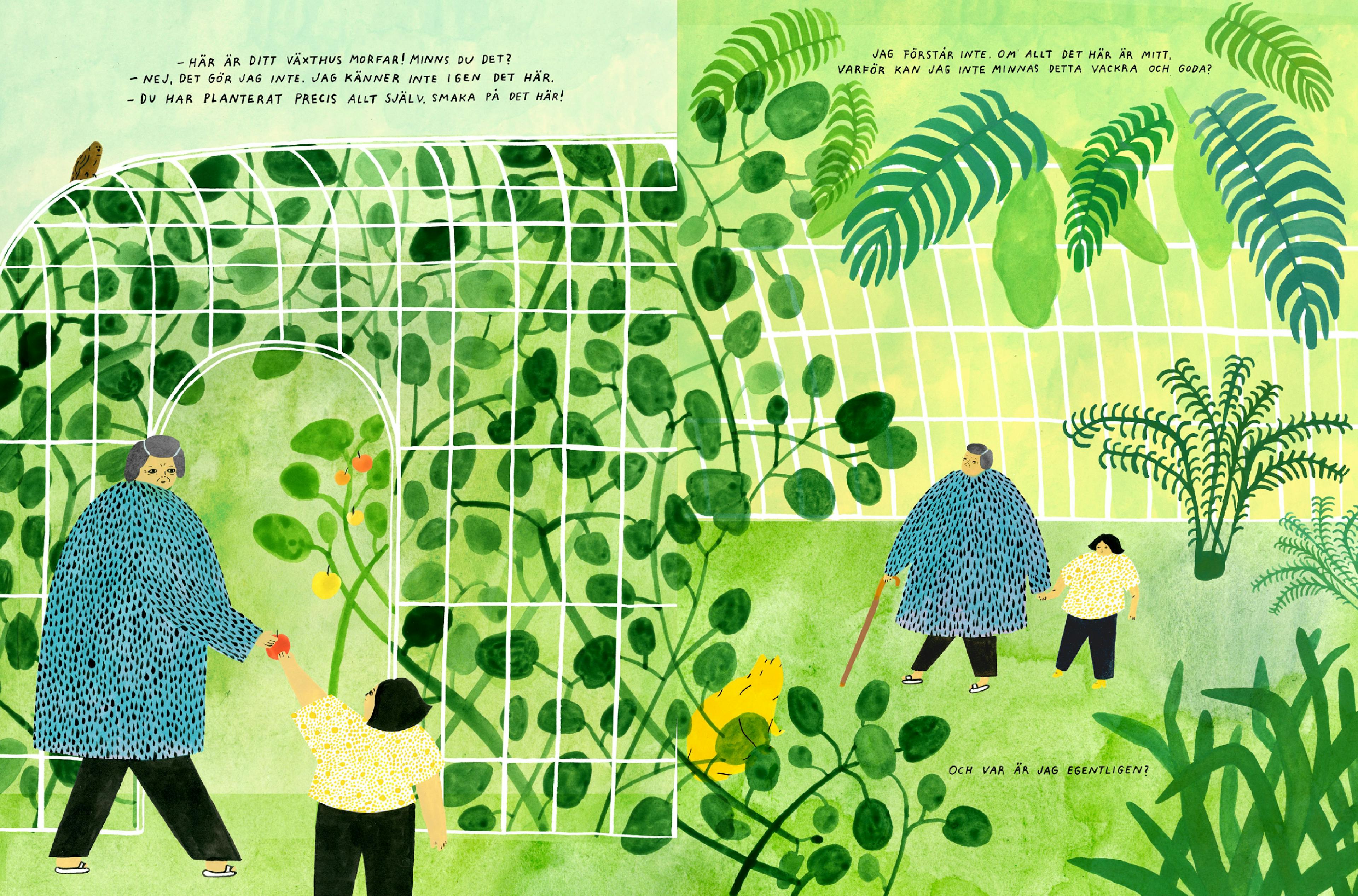 From the book "Today I don't know who I am". Two characters enter a large greenhouse with masses of plants covering the screen