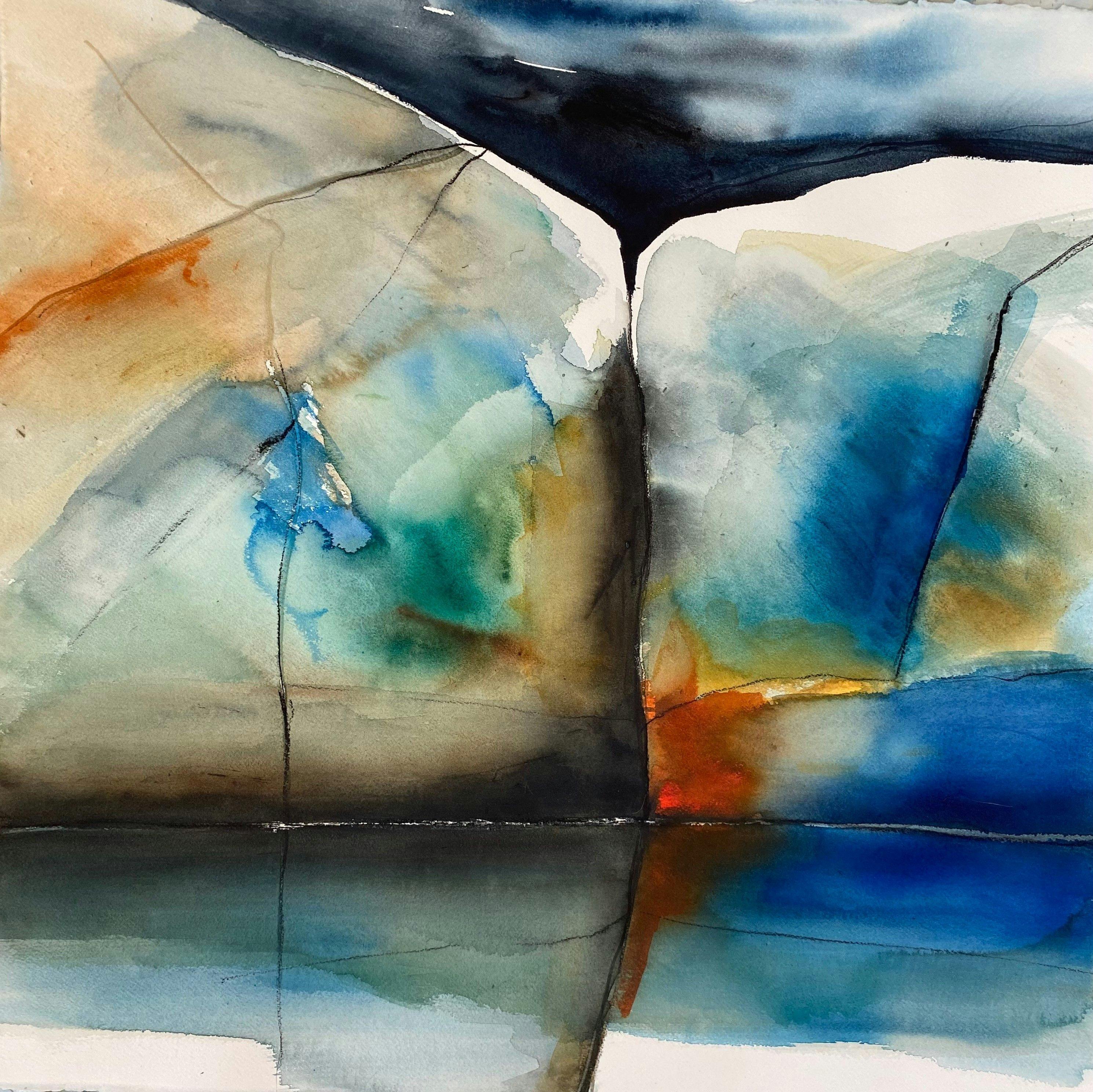 Akvarell av Ulla Ohlson, med titeln Aftonland. En abstrakt målning av en havsvy med land i horisonten, allt tonat i blått
