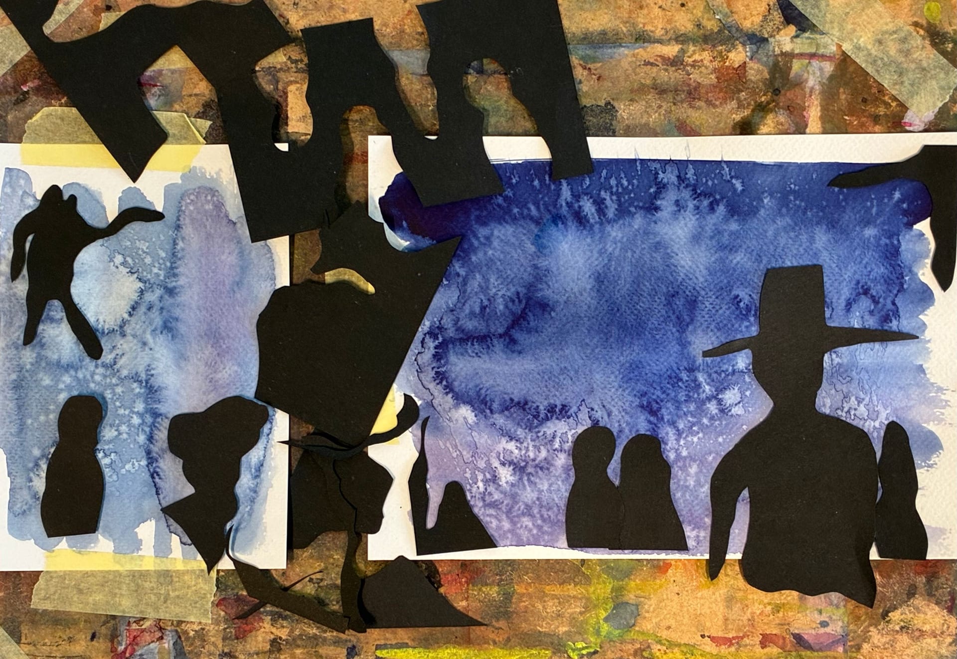 Blue watercolor paint on paper with black paper silhouettes in front