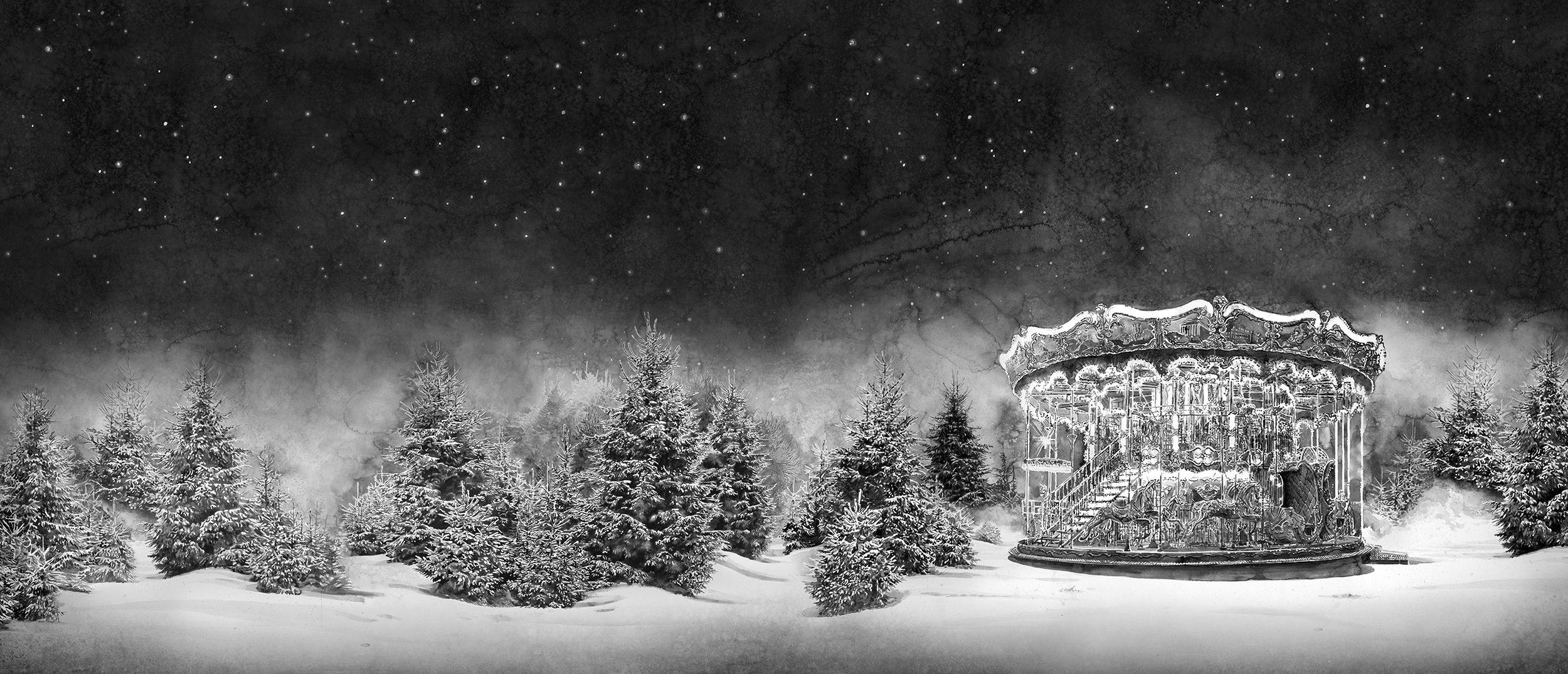 Svartvit akvarell av en karusell i skog i snölandskap