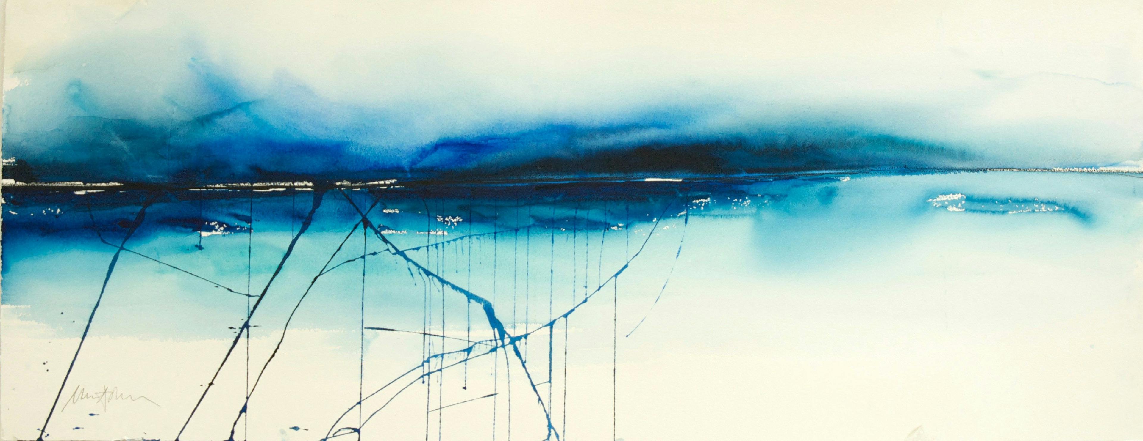 Akvarell av Ulla Ohlson med titeln "Haväng", mestadels i blåa toner