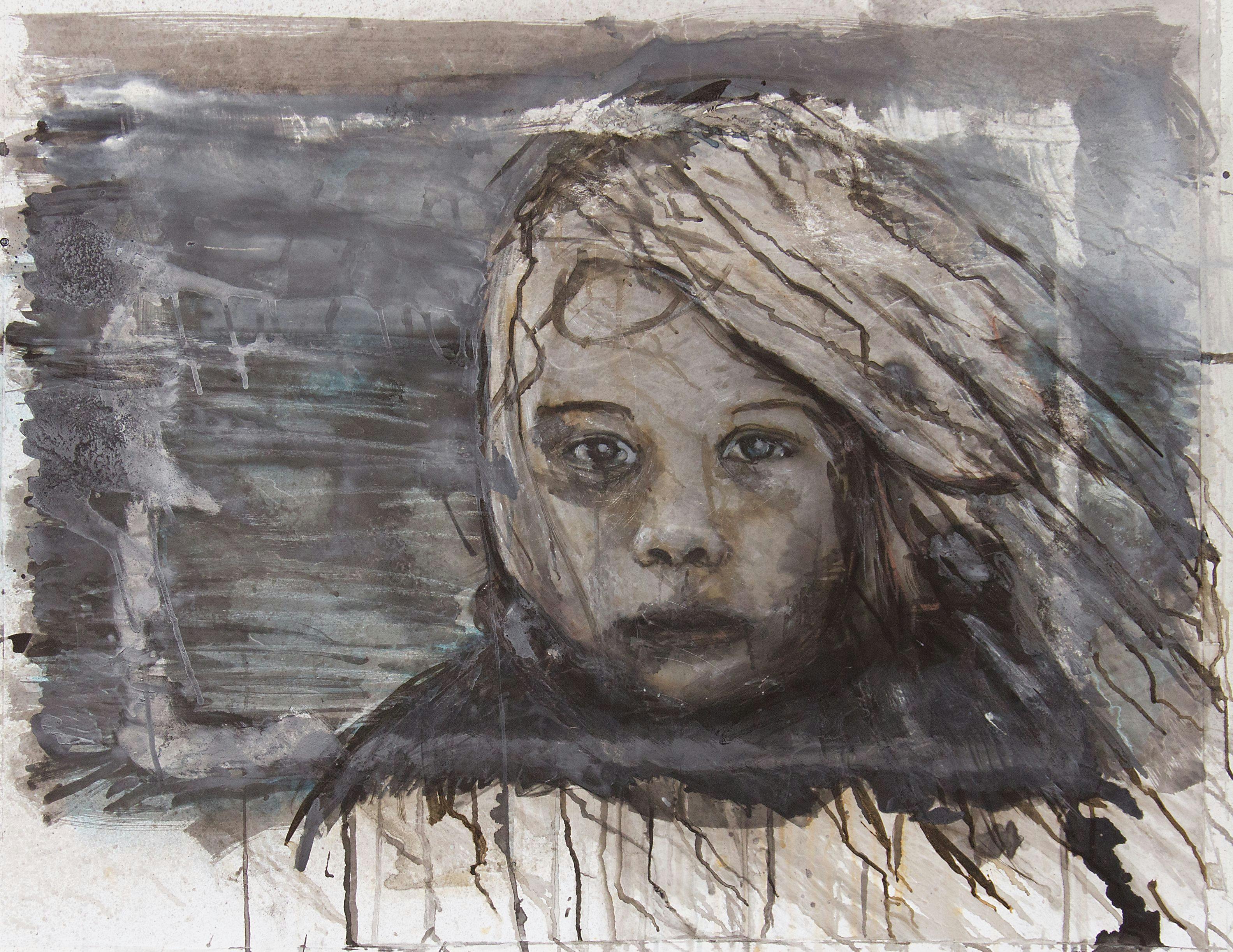 Black and white watercolour painting by Knutte Wester, depicting a child with wind in the hair looking at the viewer.