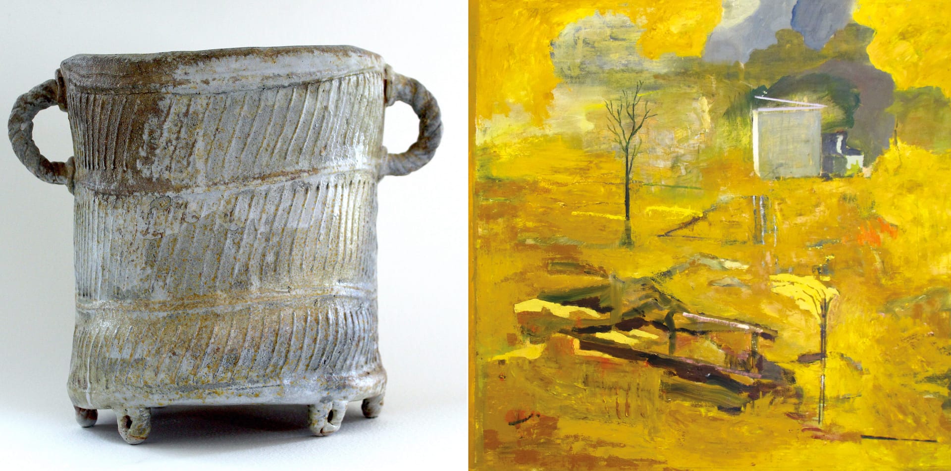 Ceramic by Annett Florén and yellow painting of landscapes by Stefan Ceder