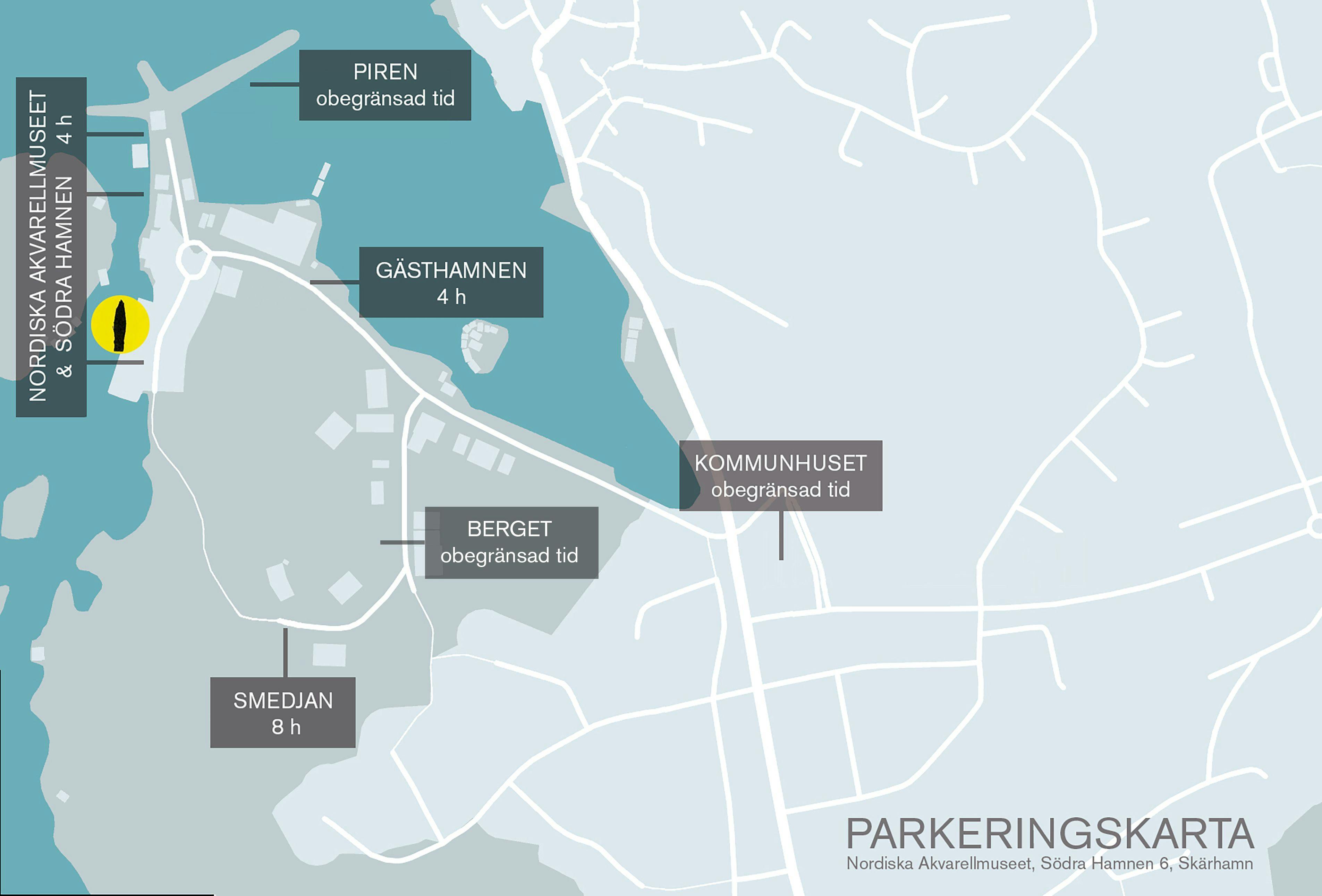 Karta över Södra hamnen i Skärhamn och parkeringsplatser