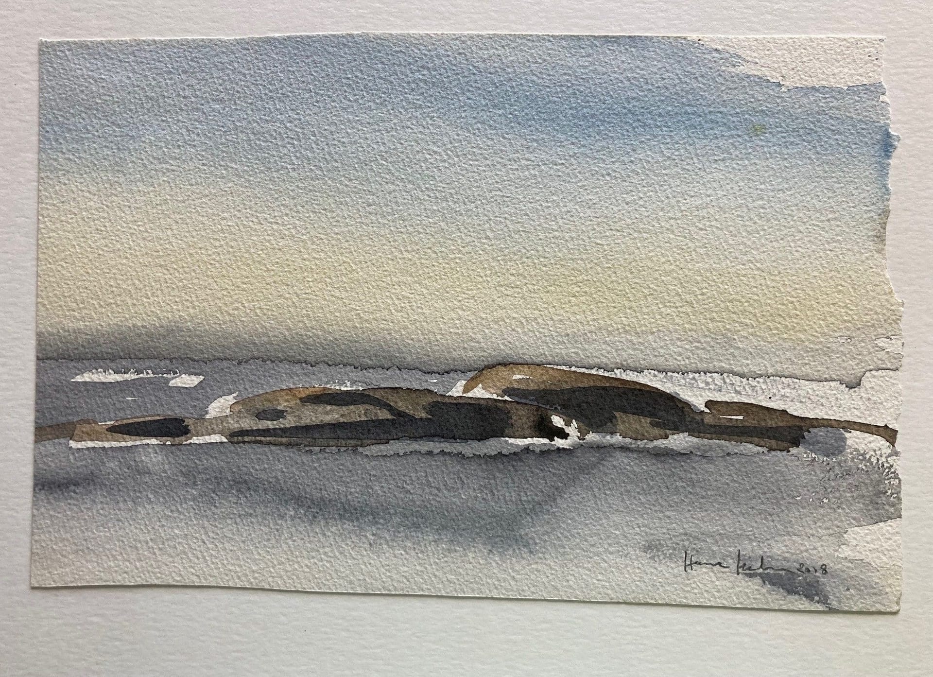 Watercolor painting by Hasse Karlsson, depicting rocks in the sea