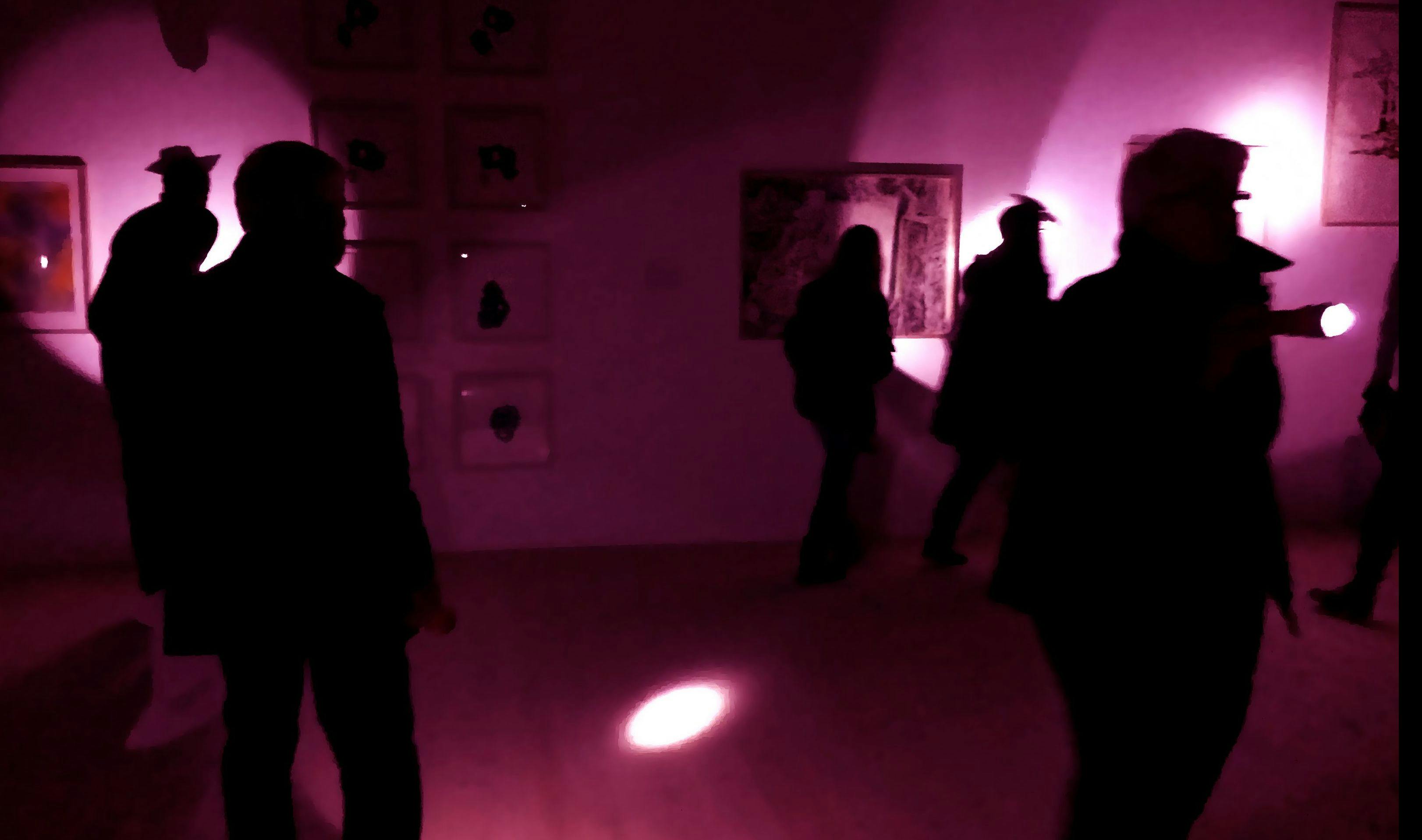 Dark image with silhouettes and paintings in the beam of flashlights