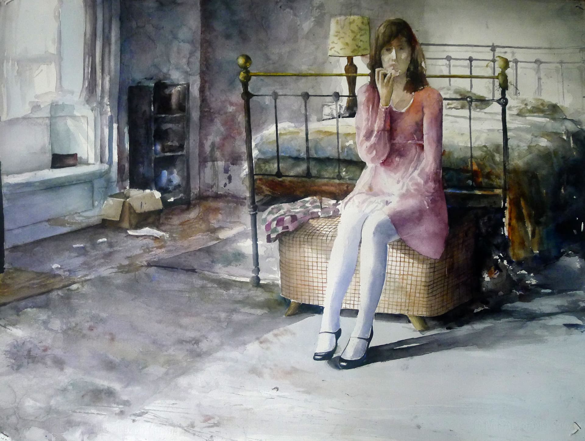 Akvarellmålning av Lars Eje Larsson, föreställande en sittande flicka i rosa klänning