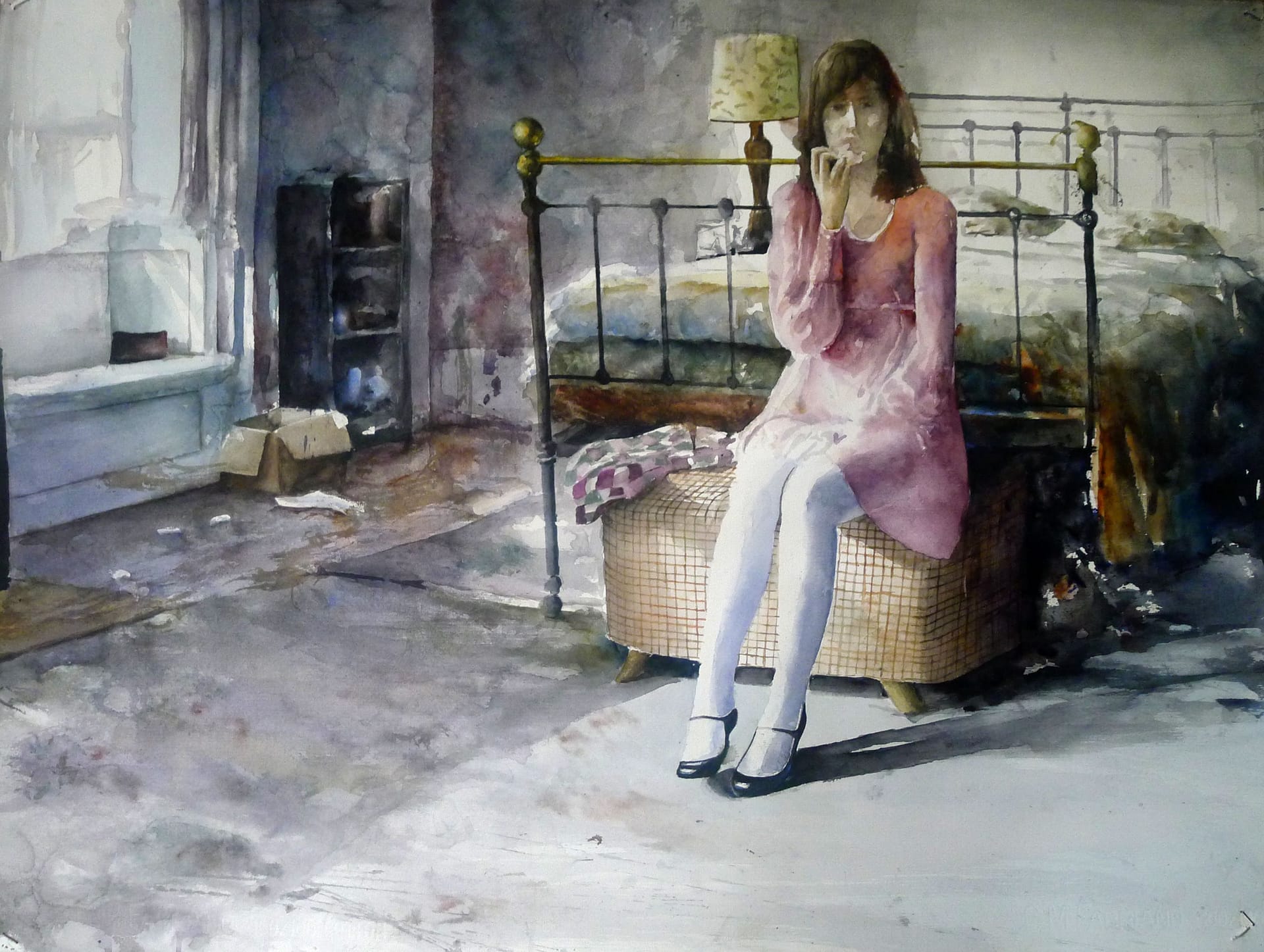 Watercolour painting by Lars Eje Larsson, depicting a seated girl in a pink dress