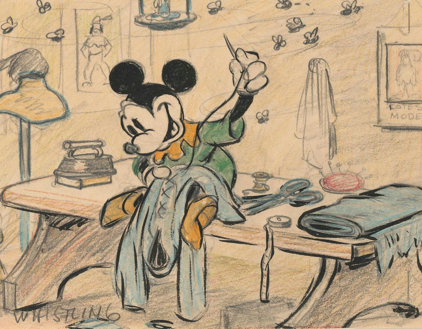 Skissbild av Musse Pigg i animerade kortfilmen Brave little tailor från 1938