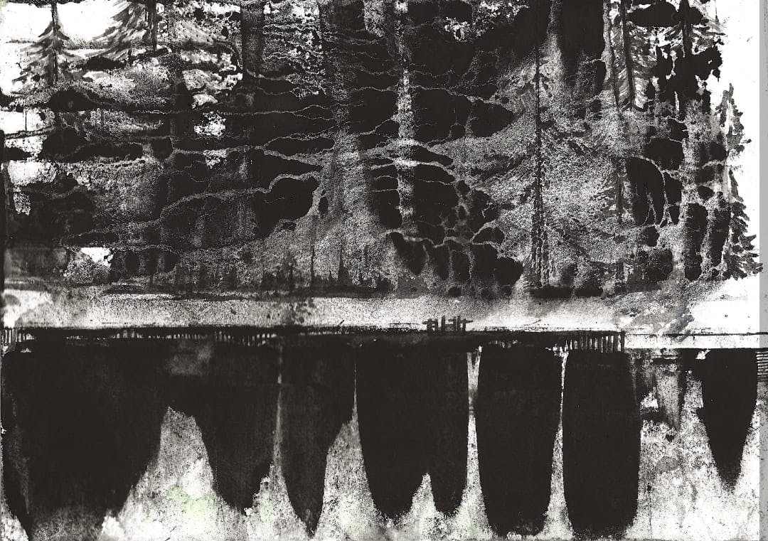 Akvarell/tusch i svart och vitt föreställande en abstrakt skog. Av Alexandra Walsh, titel Lake edge, från 2022