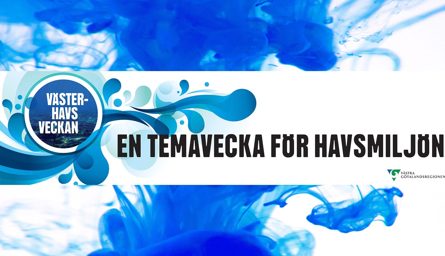 Blå akvarellfärg i vatten med Västerhavsveckans logotyp framför