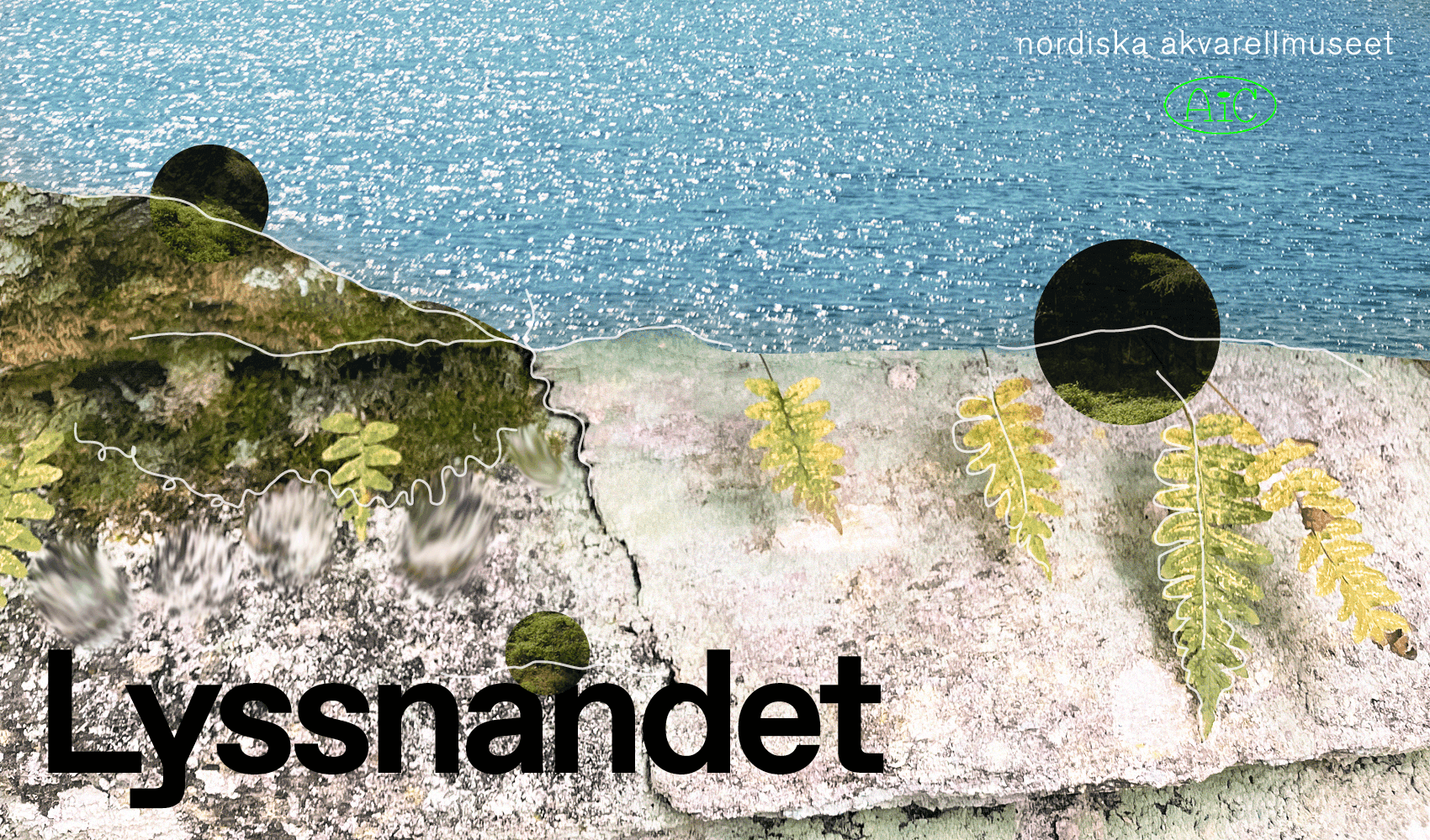 Digitalt collage av skogs- och havsmiljö, med texten "Lyssnandet".