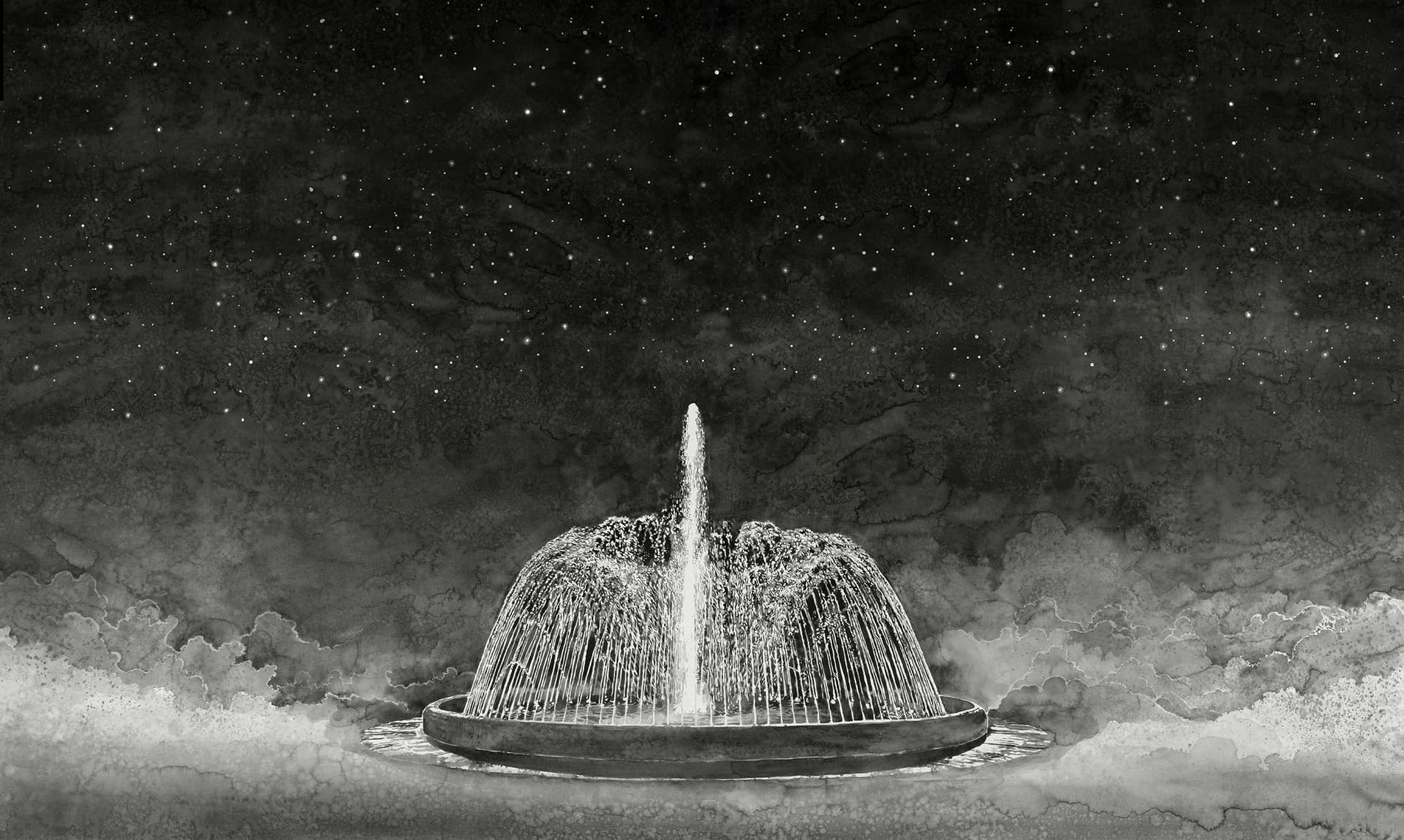 Black and white watercolour painting of a fountain in the night