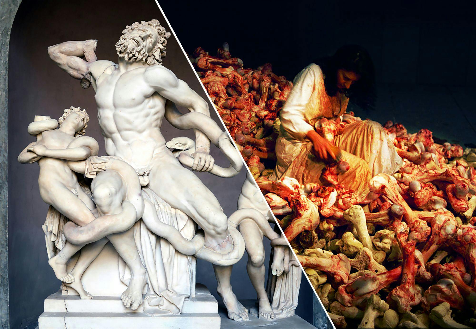 Två olika konstver: marmorskulpturen Laokoongruppen och foto från performanceverket "Balkan Baroque" 1997 av Marina Abramovic