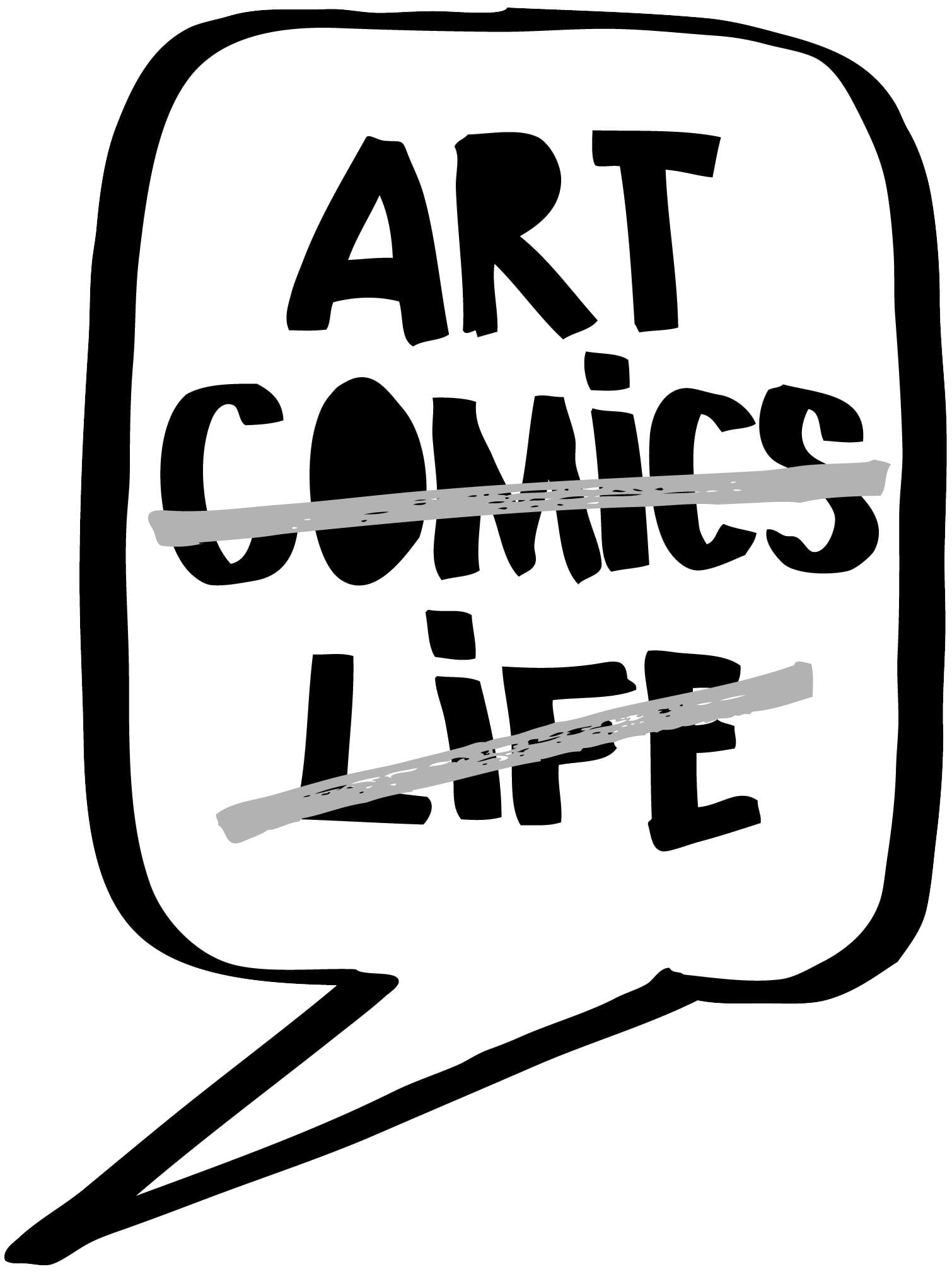 Speech bubble with the text "Art, comics, life"