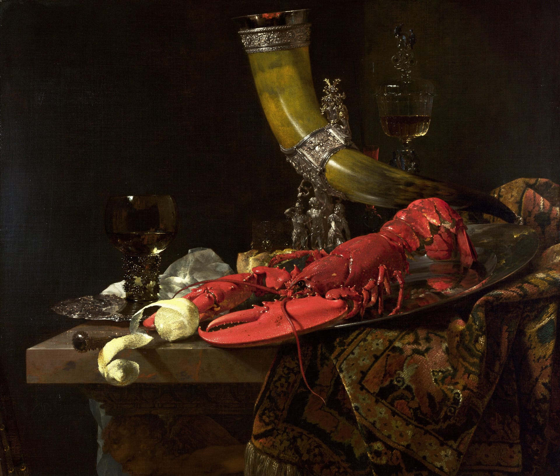 Willem Kalf, Still Life with the Drinking-Horn of the Saint Sebastian Archers' Guild, Lobster and Glasses, c. 1653