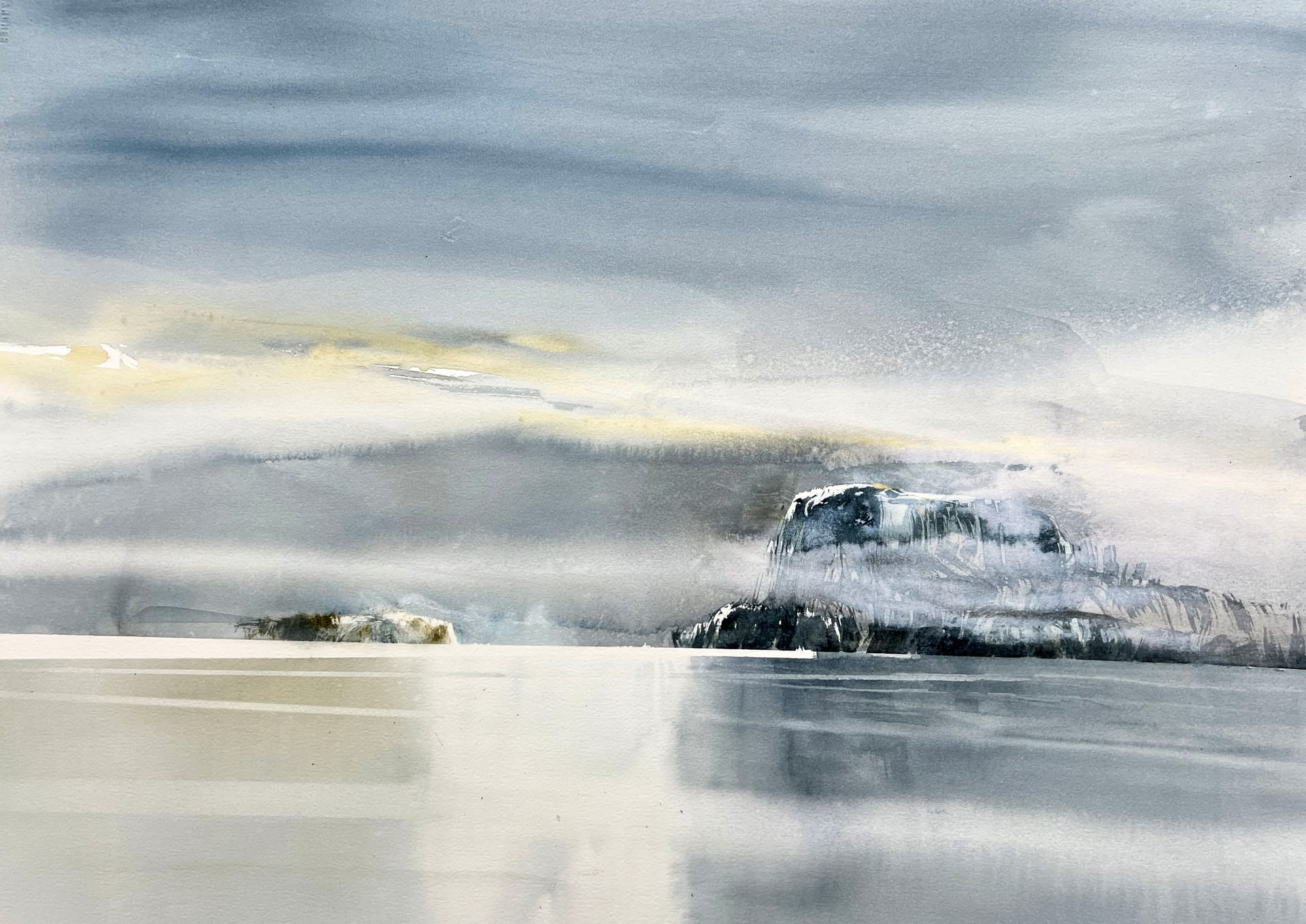 Watercolor painting of sea and rocks, by Lena Amstrand