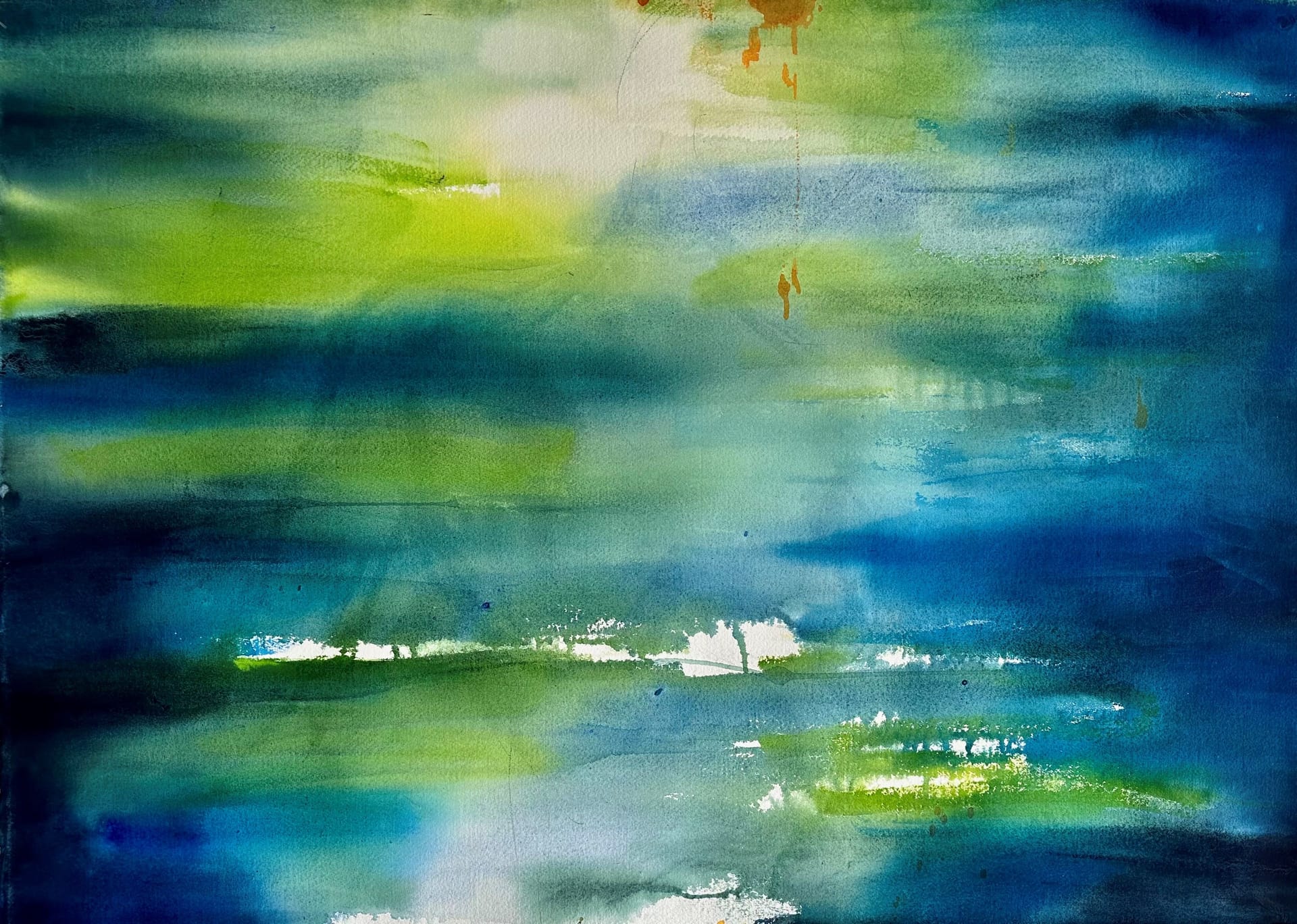 Watercolor painting abstract in green and blue