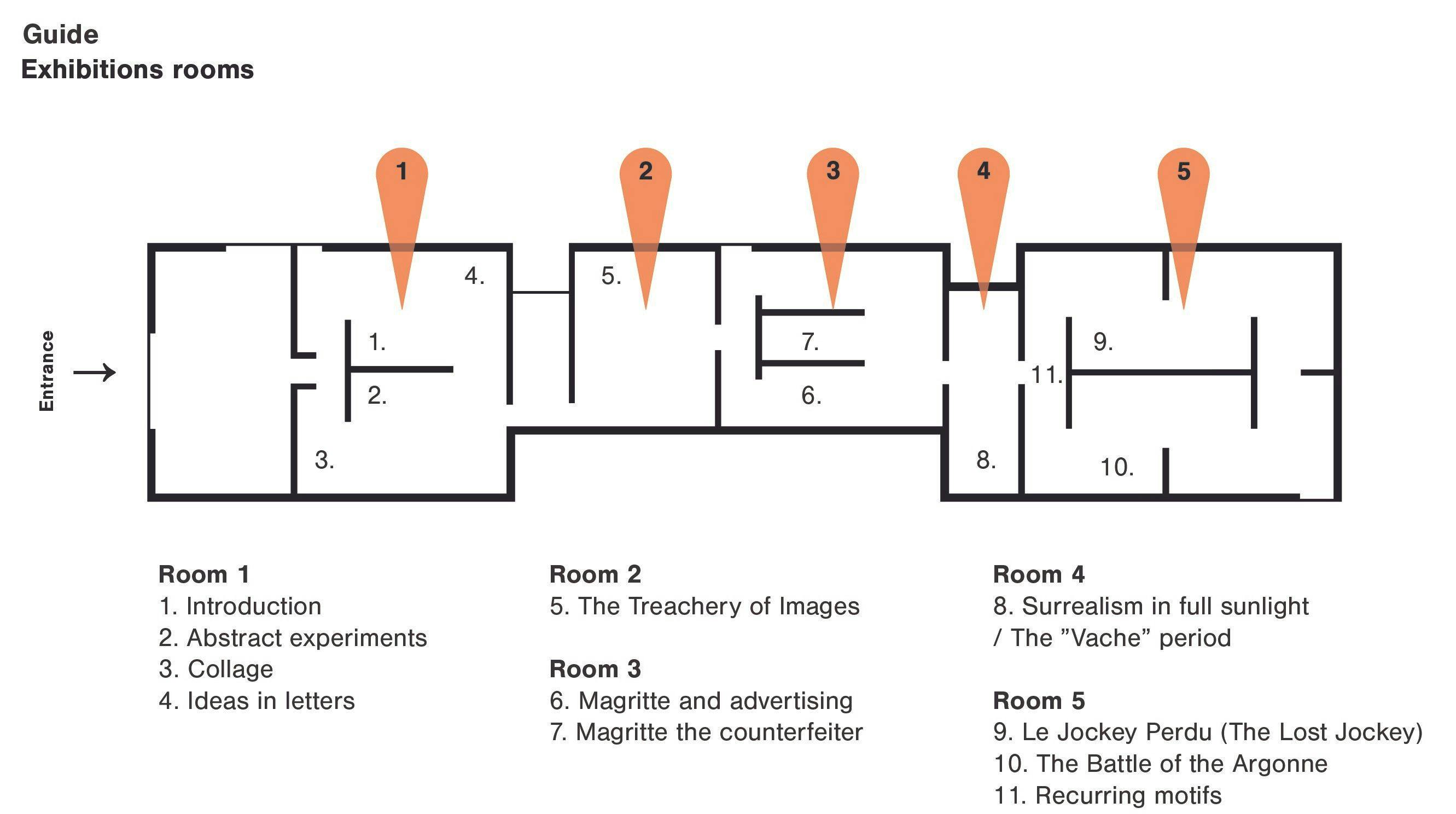 Map of the exhibition halls, with markings where the soundtracks are recommended to be heard