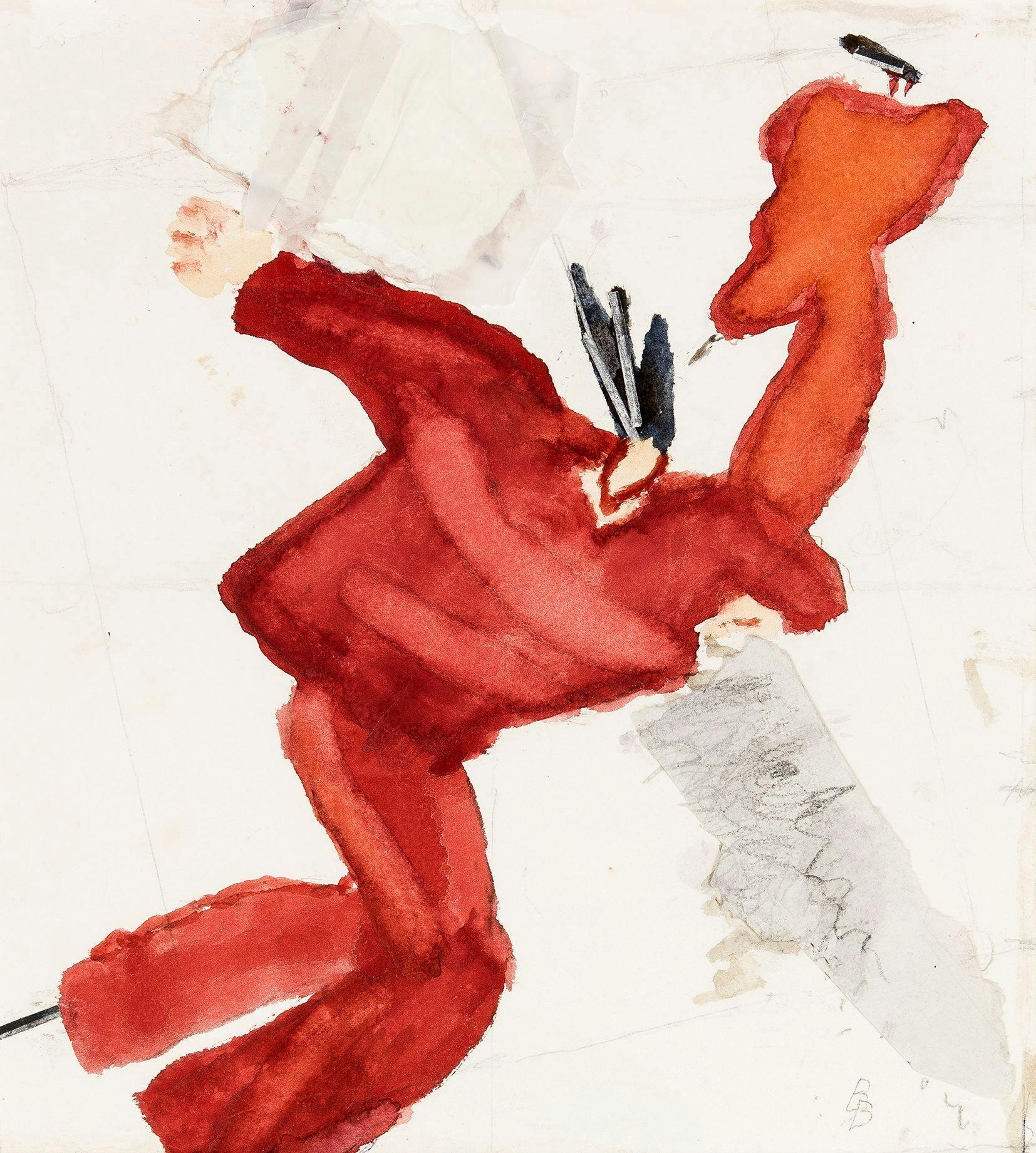 Konstverk av Birgit Broms föreställande två skridskoåker i rött mot vit bakgrund. Akvarell och collage.