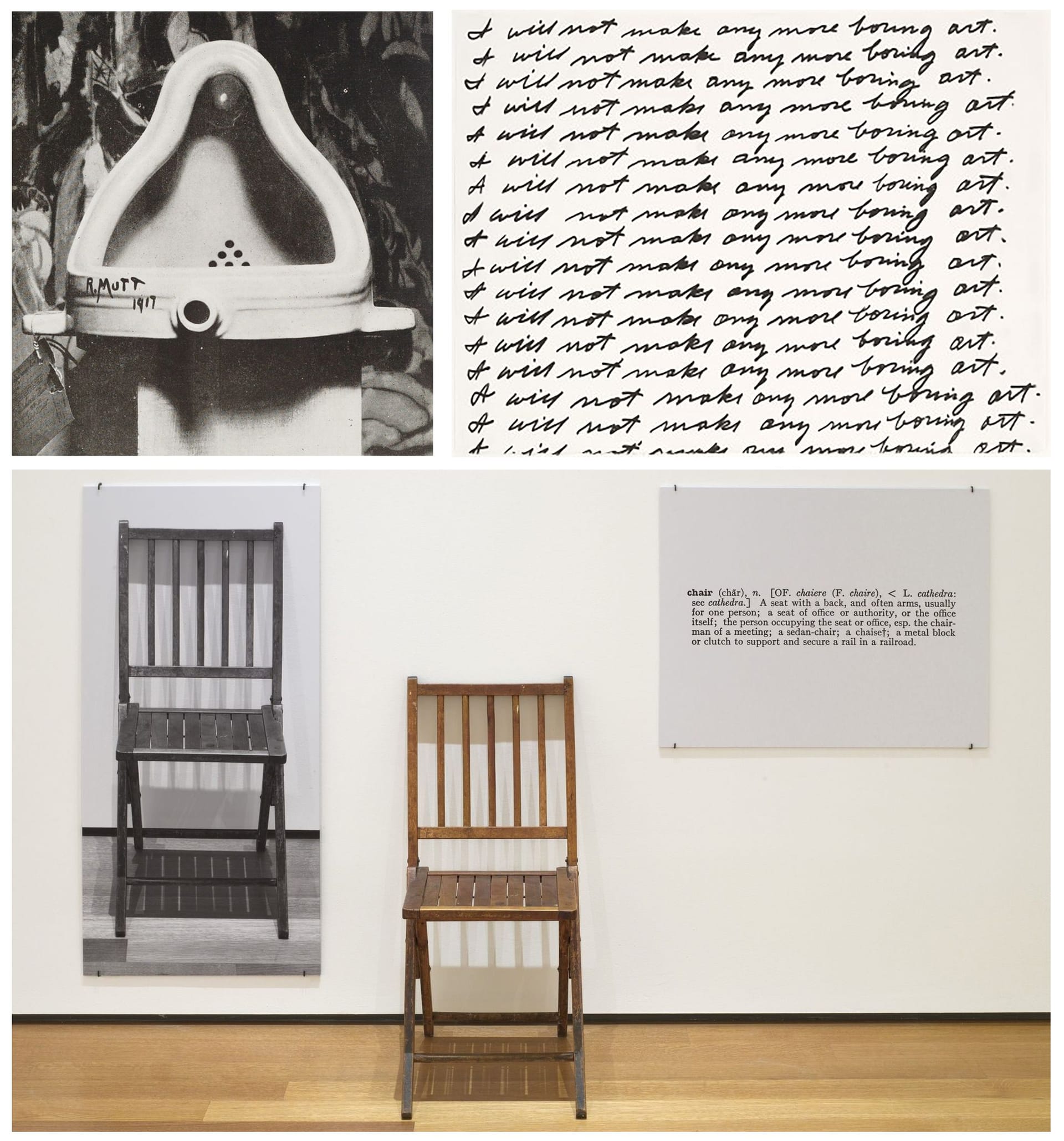 Bilder på tre olika historiska verk: "Fountain" av Marcel Duchamp från 1917, "I will not make any more boring art" av John Balderassi från 1971 och "One and Tree Chairs" av Joseph Kosuth från 1965