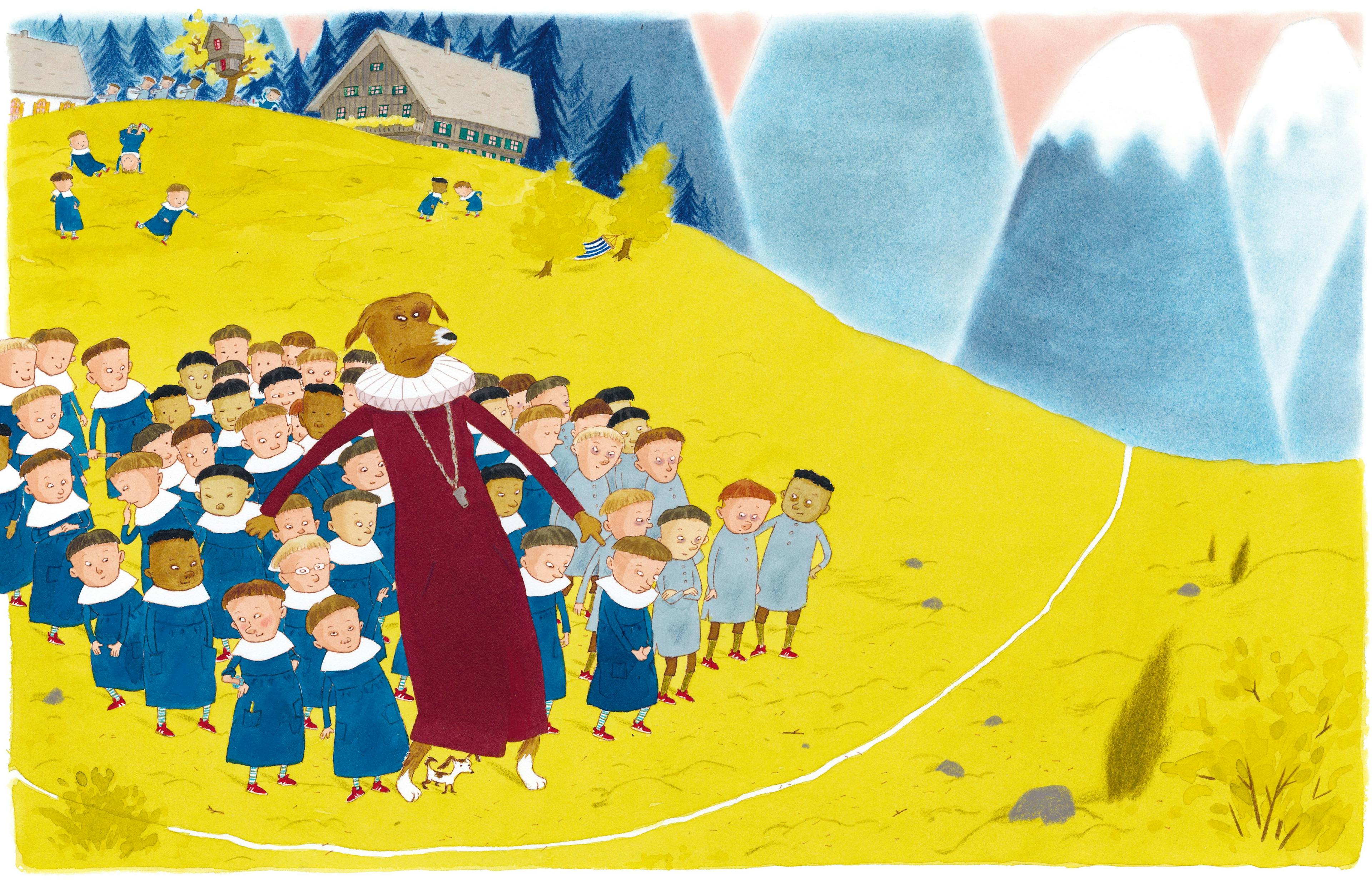 Image from the picture book Vitvitvan and Gullsippan by Pija Lindenbaum. A group of characters stand and watch intently at a line on the yellow ground.