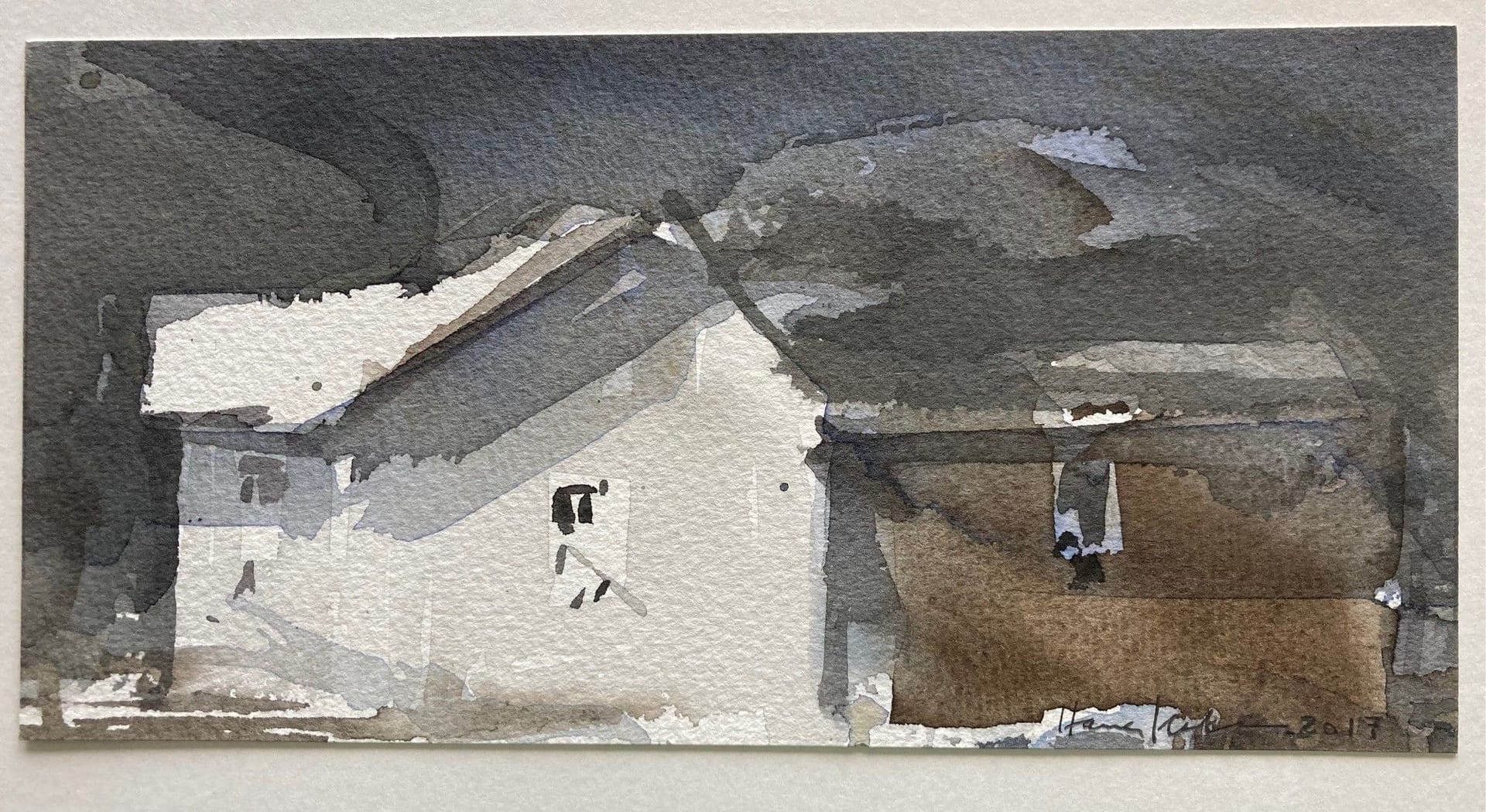 Watercolour painting depicting a house in gray scales